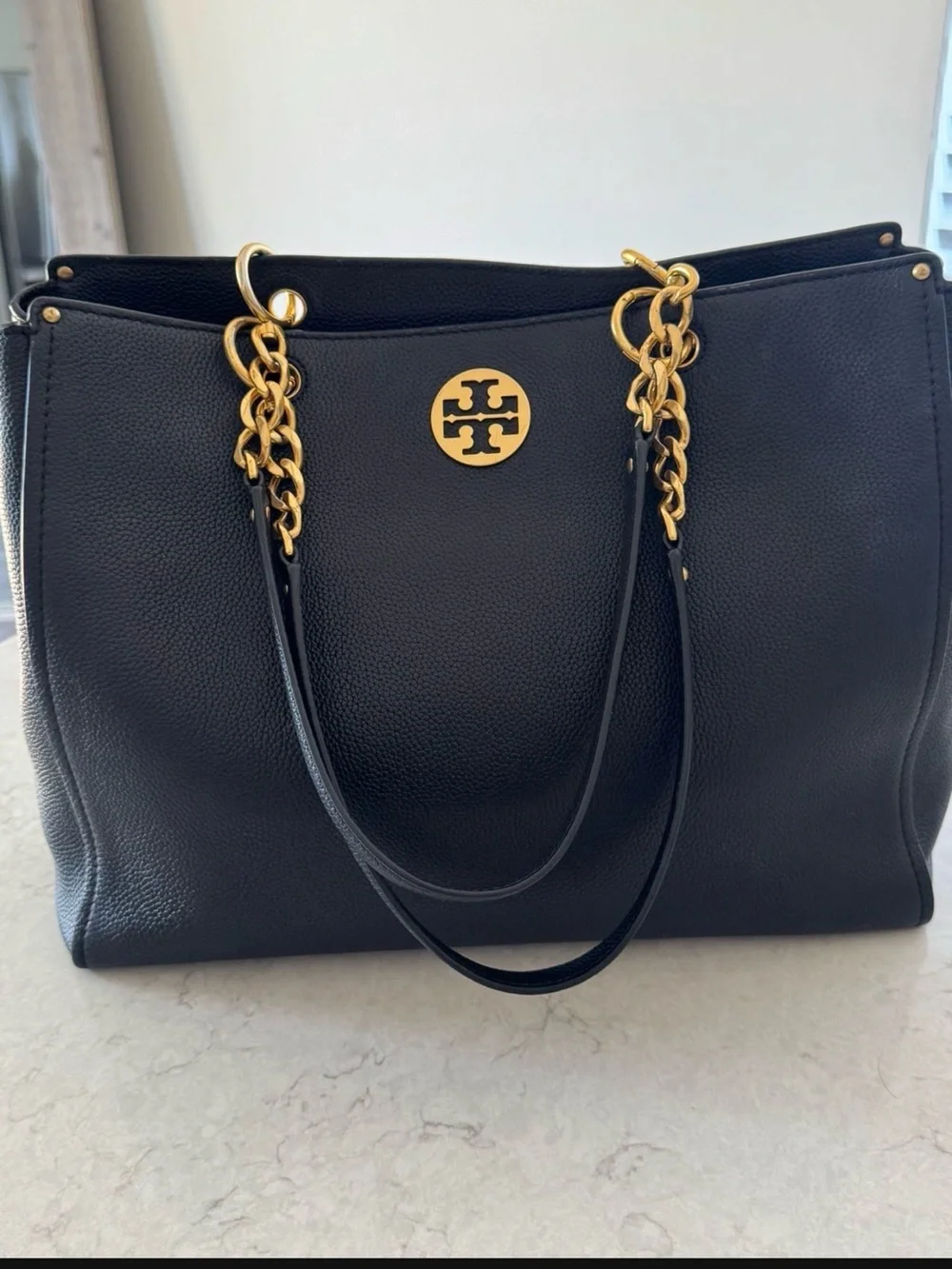 Tory Burch Black Pebbled Leather Tote with Gold Logo and Chain Straps